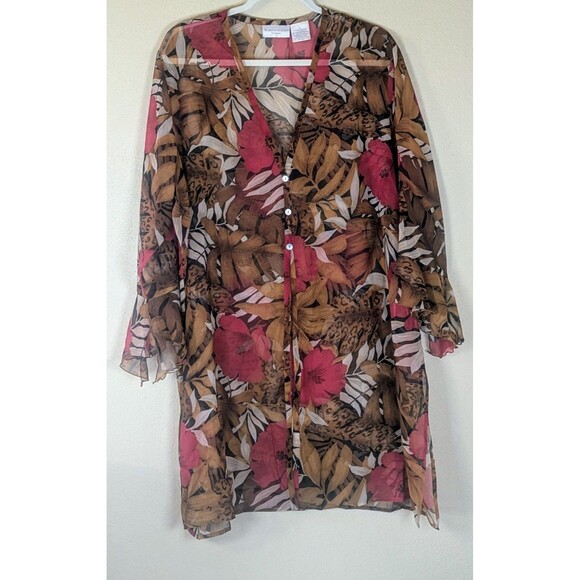 Worthington Woman 2X Sheer Button Front Tunic Duster Top Floral Animal Print - Picture 1 of 7